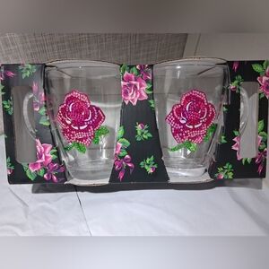Betsey Johnson Set of 2 Glass Coffee Mugs BEADED ROSES BRAND-NEW sealed